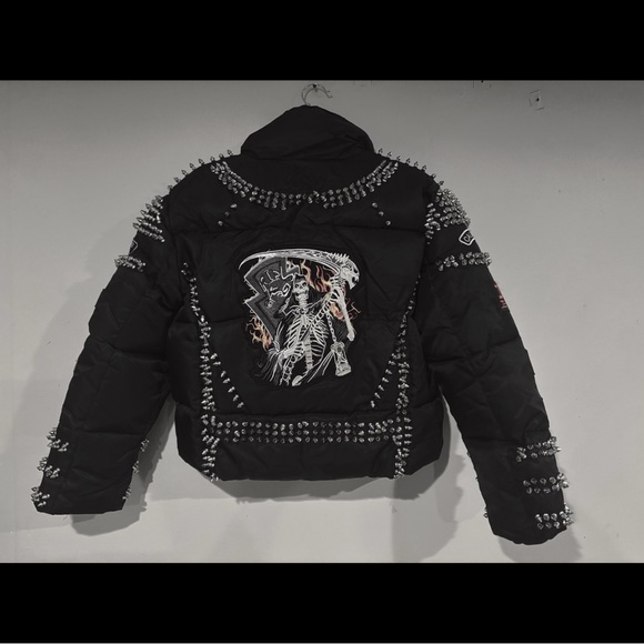 ACDC SPIKED PATCH PUFFER COAT IN BLACK NWT - Picture 10 of 16